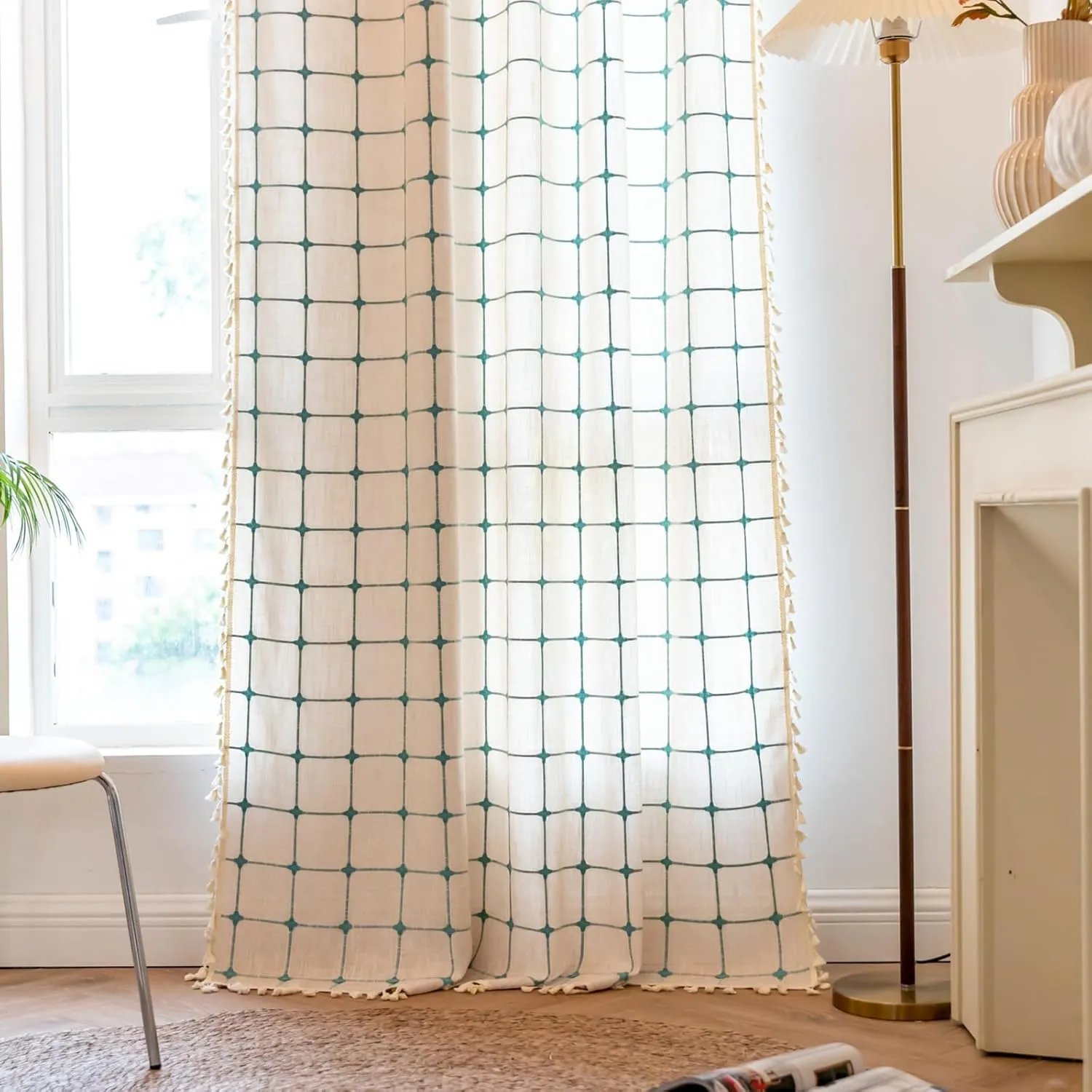 Deeprove Boho Curtains 72 Inches Long for Laundry Room Classroom, Linen Plaids Turquoise Embroidery Semi Blackout Bohemian Farmhouse Window Treatment Grids Drape Tassels, 1 Panel W52 x L72 Beige