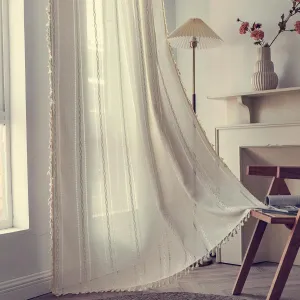 Deeprove Ivory Boho Curtains for Bedroom 84 Inches Long, Bohemian Chic Textured Embroidery Overlapping, Vintage Handmade Tassels Country Decor Drapery, Rod Pocket, 1 Panel W52 x L84