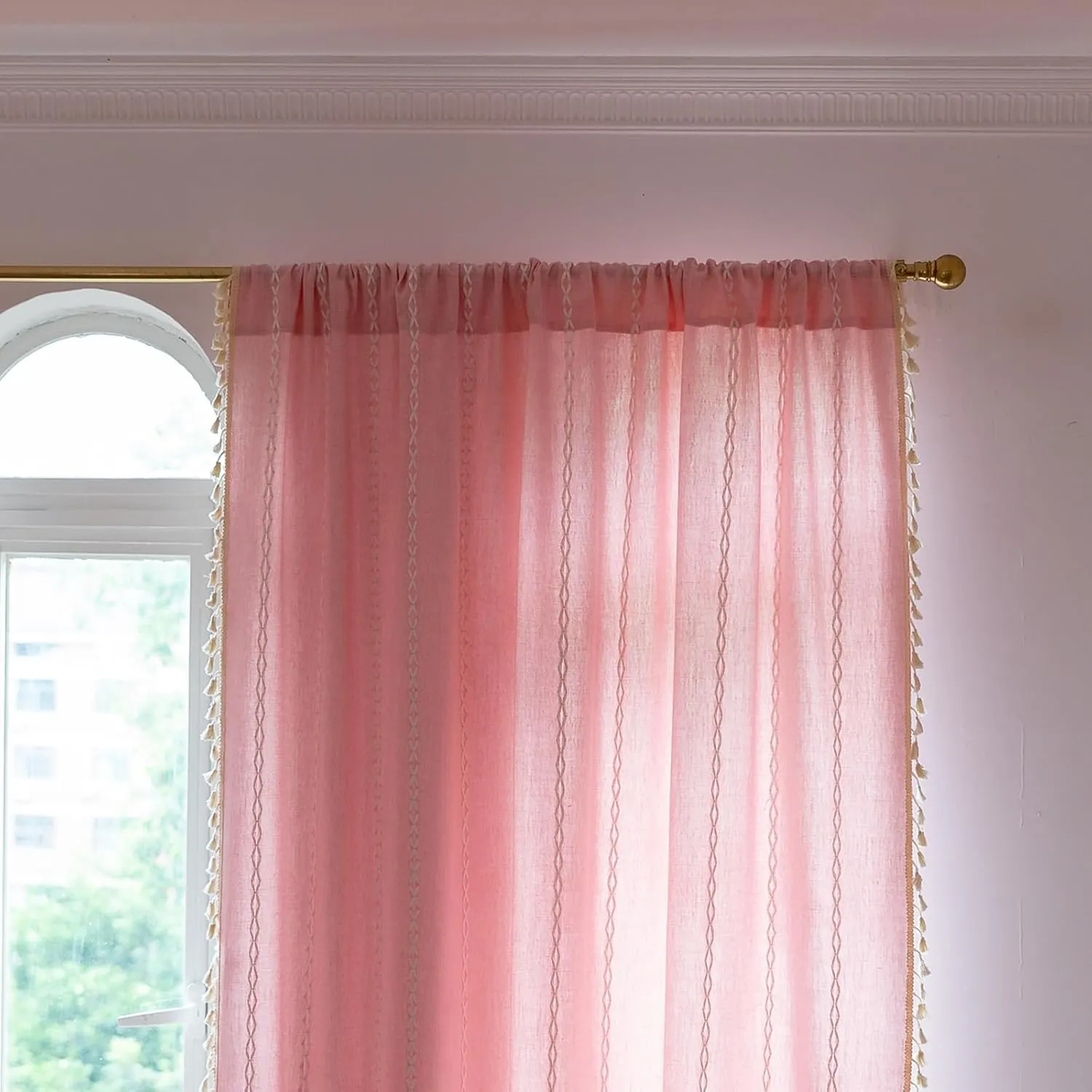 Deeprove Pink Boho Curtains 84 inches Length for Baby Girl Bedroom Nursery, Blush Bohemian 84 inches Long Embroidery Farmhouse Light Filter Privacy Style Tassel Window Treatments, W52 x L84, 1 Panel