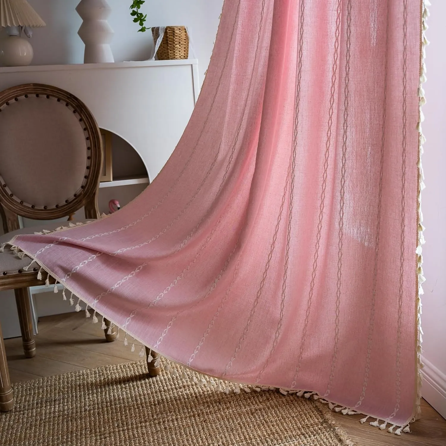 Deeprove Pink Boho Curtains 84 inches Length for Baby Girl Bedroom Nursery, Blush Bohemian 84 inches Long Embroidery Farmhouse Light Filter Privacy Style Tassel Window Treatments, W52 x L84, 1 Panel