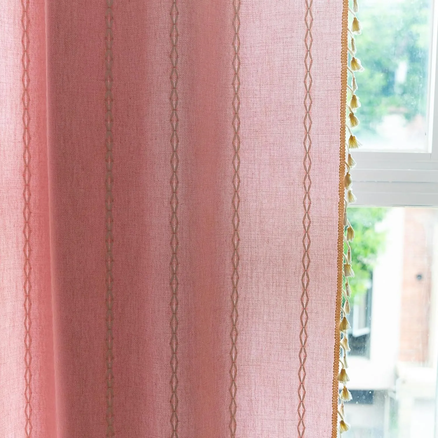 Deeprove Pink Boho Curtains 84 inches Length for Baby Girl Bedroom Nursery, Blush Bohemian 84 inches Long Embroidery Farmhouse Light Filter Privacy Style Tassel Window Treatments, W52 x L84, 1 Panel