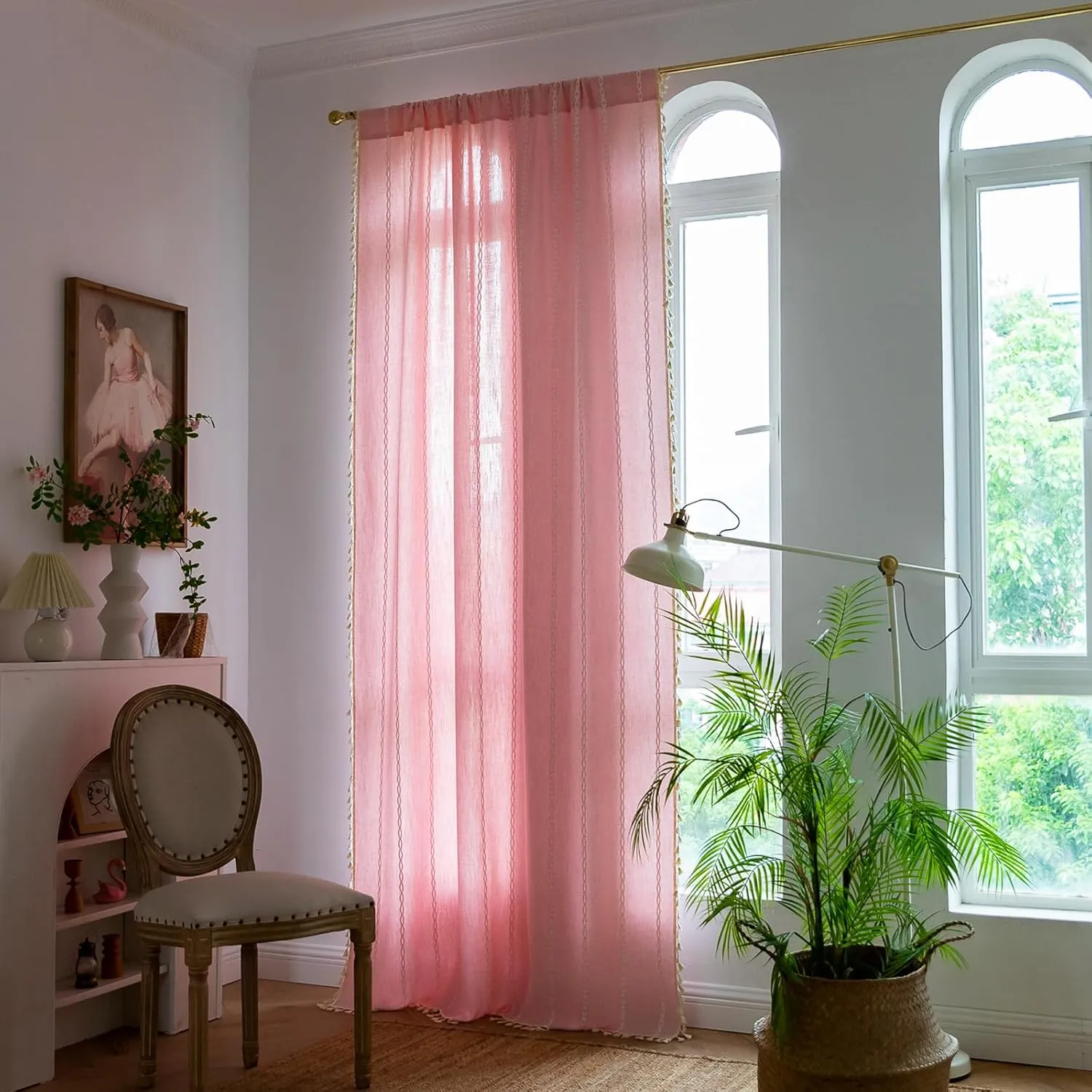 Deeprove Pink Boho Curtains 84 inches Length for Baby Girl Bedroom Nursery, Blush Bohemian 84 inches Long Embroidery Farmhouse Light Filter Privacy Style Tassel Window Treatments, W52 x L84, 1 Panel