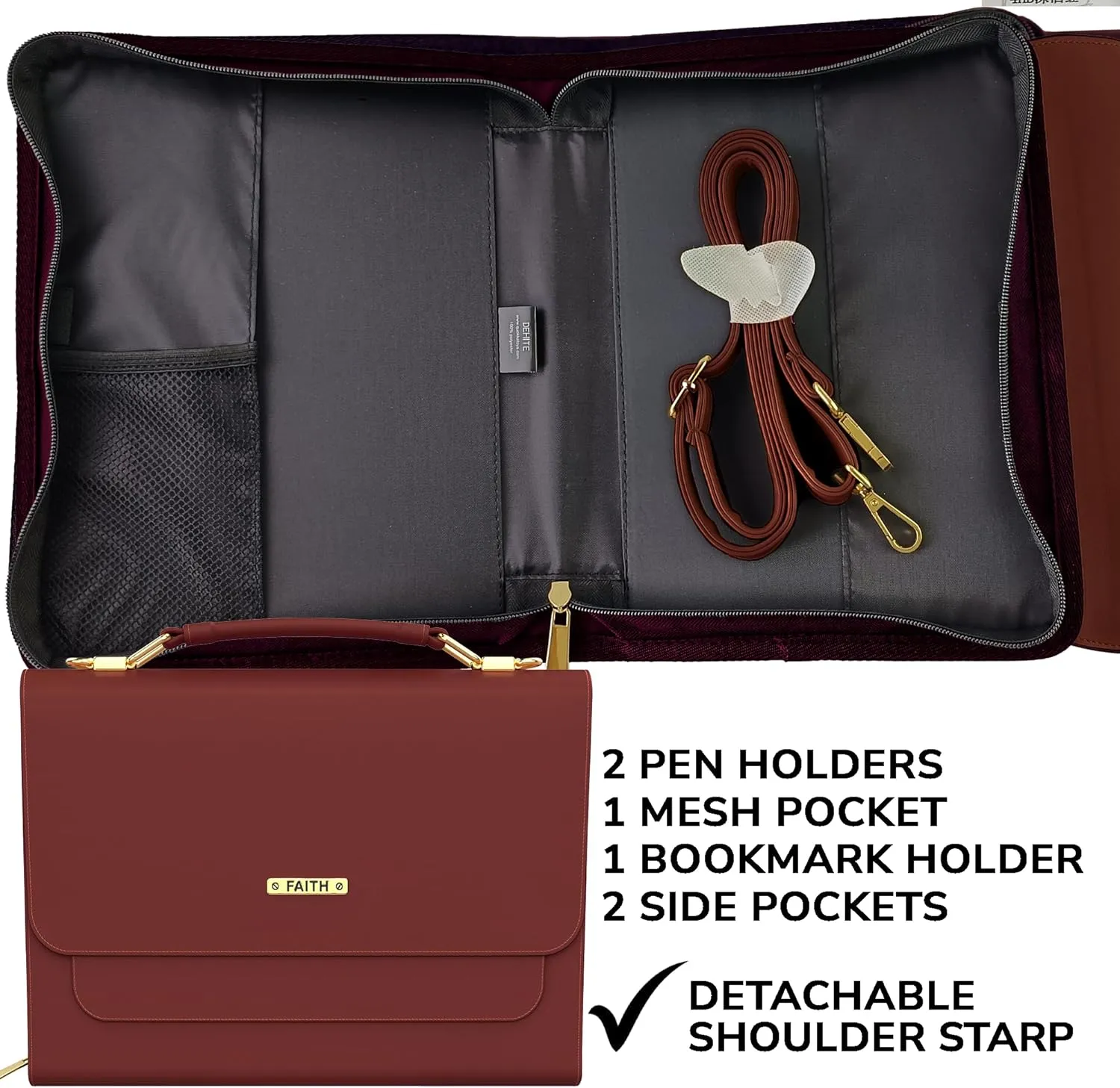 DEHITE Bible Cover Case for Women – Bible Carrying Bag – Pen Slots – Zippered Pocket – Shoulder Strap – Premium PU Leather – Purse Christian Gift