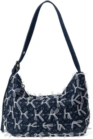 Denim Bow Purse Jean Lace Cute Y2K Handbag for Women Kawaii Casual Roomy Retro Chic Denim Bag