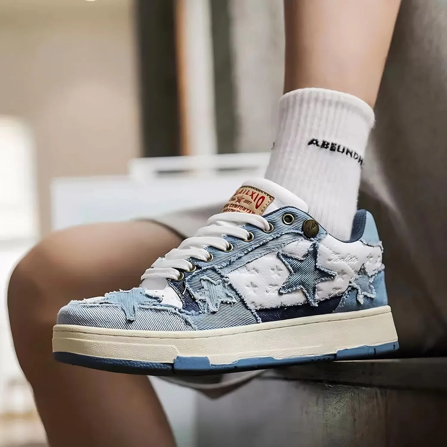 Denim Chunky Sneakers for Women Walking Shoes 90s Aesthetic Star Sneakers Blue Casual Platform Shoes