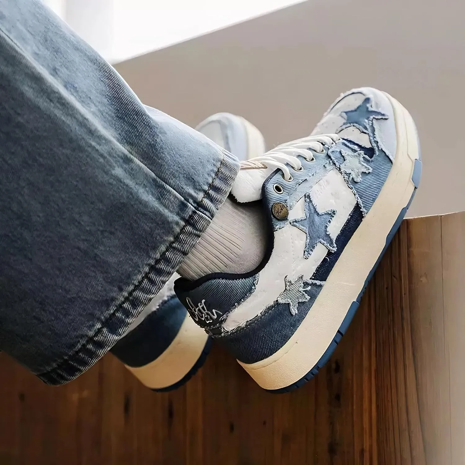 Denim Chunky Sneakers for Women Walking Shoes 90s Aesthetic Star Sneakers Blue Casual Platform Shoes