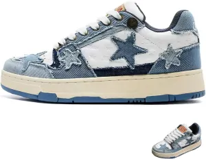 Denim Chunky Sneakers for Women Walking Shoes 90s Aesthetic Star Sneakers Blue Casual Platform Shoes
