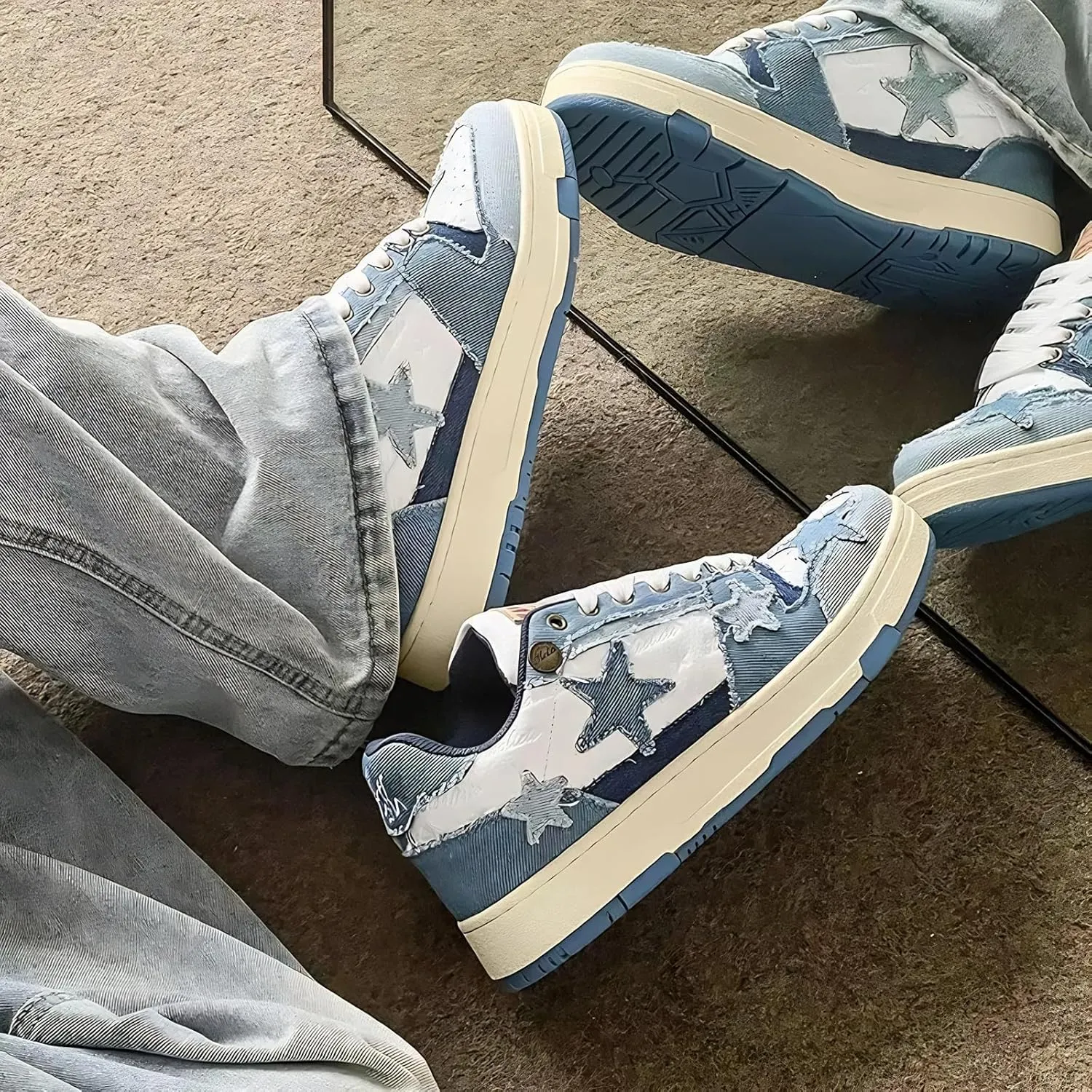 Denim Chunky Sneakers for Women Walking Shoes 90s Aesthetic Star Sneakers Blue Casual Platform Shoes
