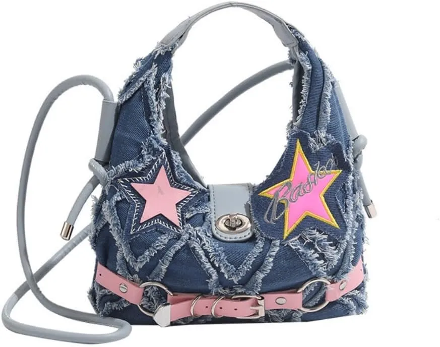 Denim Hobo Bag for Women, Small Star Jean Fringe Shoulder Purse, Soft Top Handle Bag Crossbody Bag