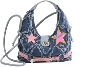 Denim Hobo Bag for Women, Small Star Jean Fringe Shoulder Purse, Soft Top Handle Bag Crossbody Bag