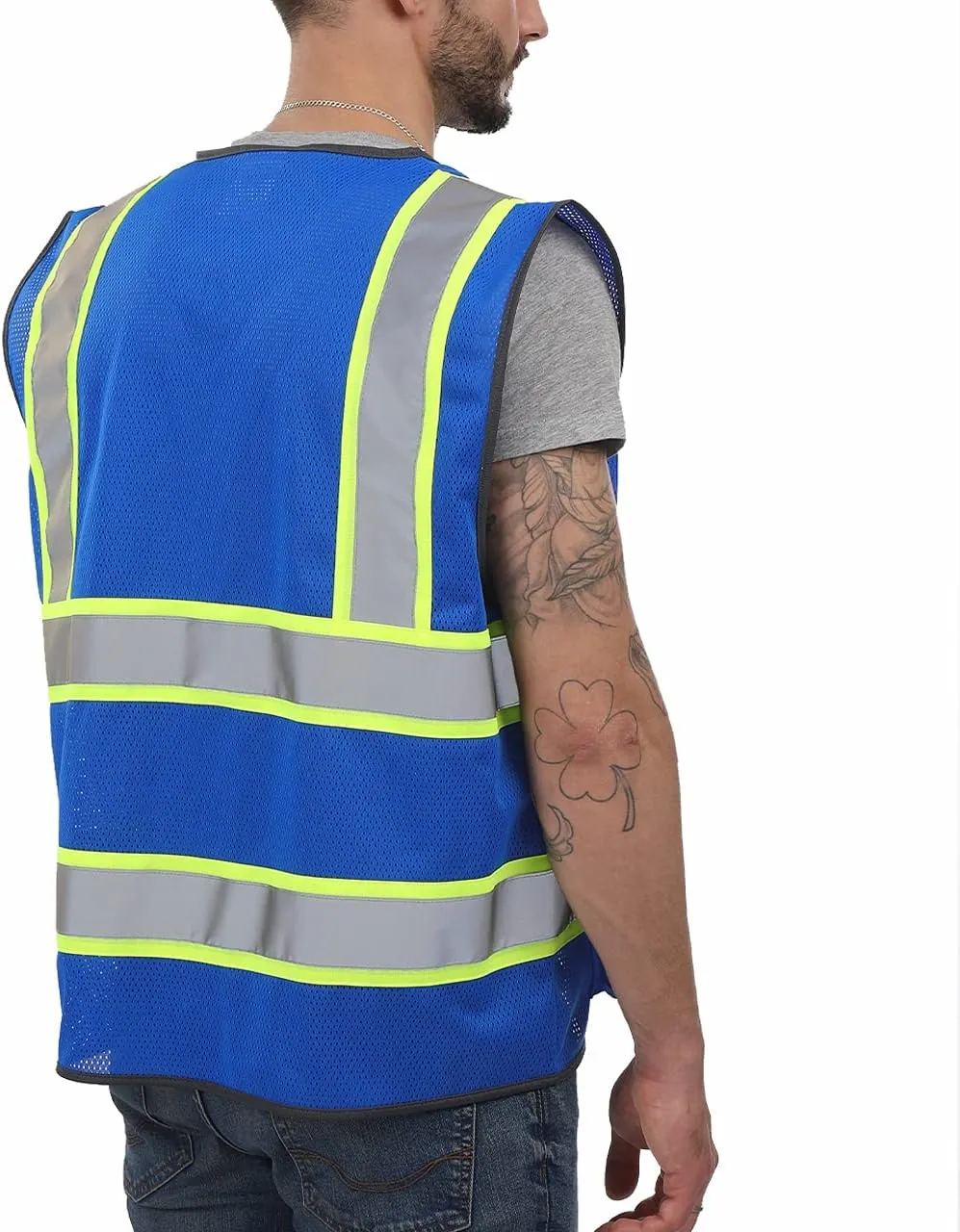 Dib Safety Reflective Mesh Vest High Visibility Two Tone with Pockets and Zipper, Blue Mesh with Yellow Trim XL