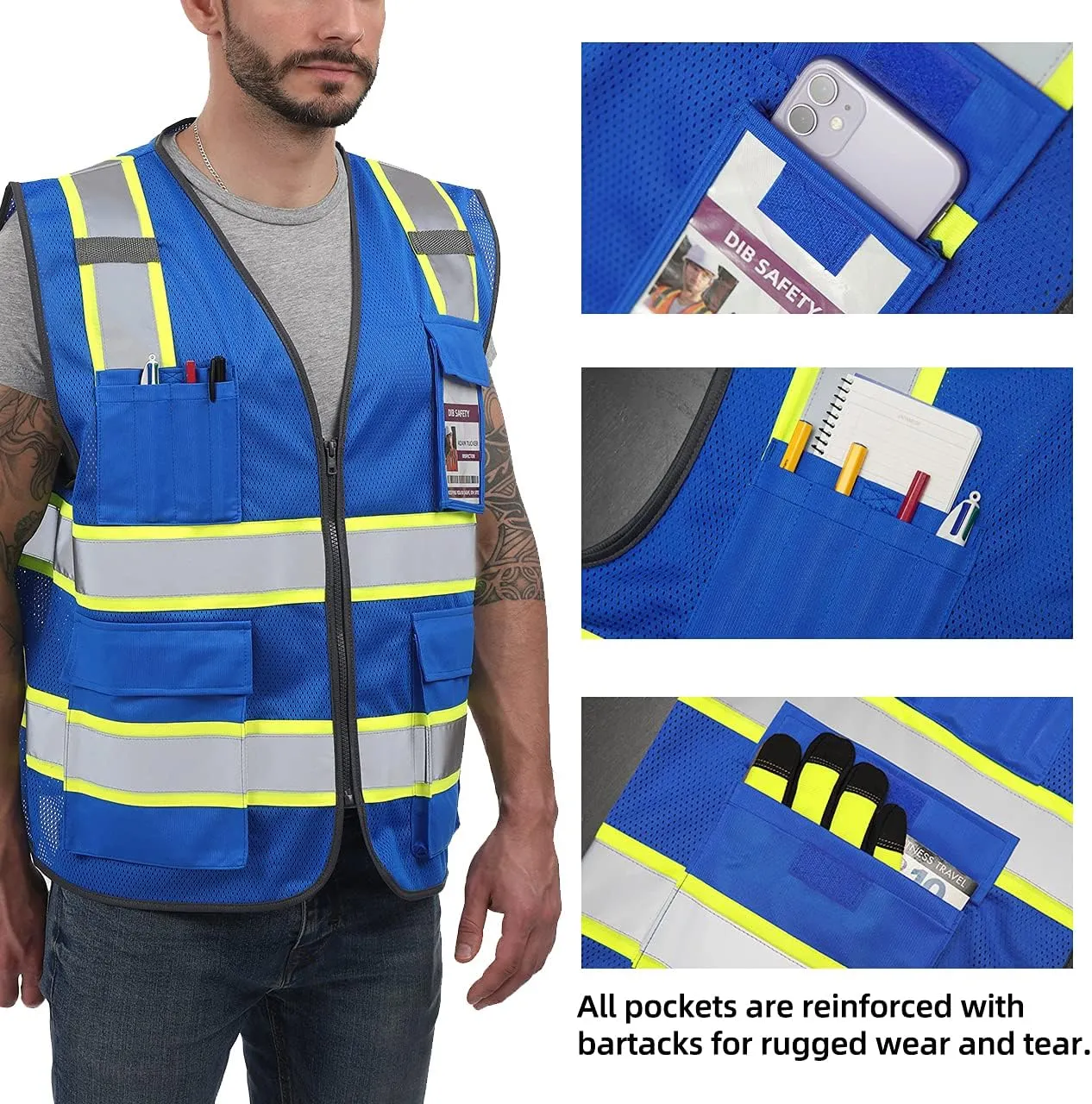 Dib Safety Reflective Mesh Vest High Visibility Two Tone with Pockets and Zipper, Blue Mesh with Yellow Trim XL
