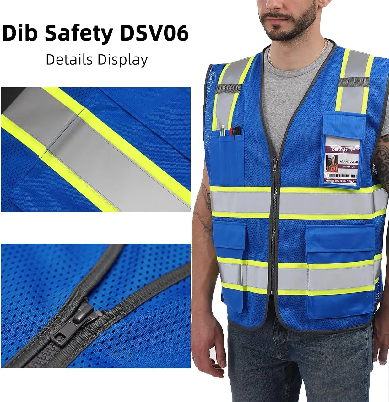 Dib Safety Reflective Mesh Vest High Visibility Two Tone with Pockets and Zipper, Blue Mesh with Yellow Trim XL