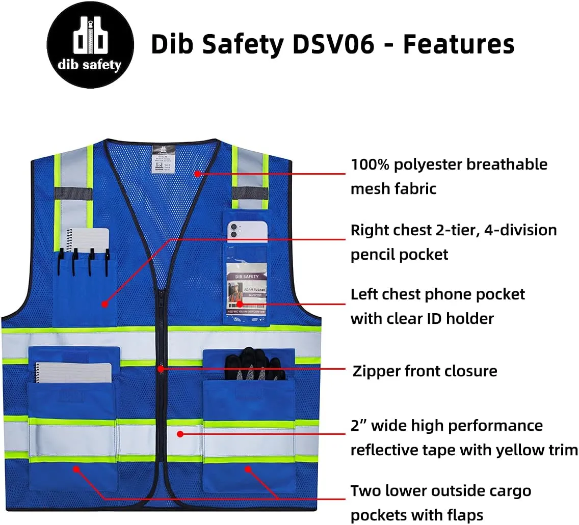 Dib Safety Reflective Mesh Vest High Visibility Two Tone with Pockets and Zipper, Blue Mesh with Yellow Trim XL