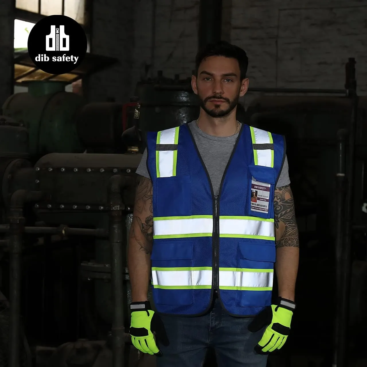 Dib Safety Reflective Mesh Vest High Visibility Two Tone with Pockets and Zipper, Blue Mesh with Yellow Trim XL