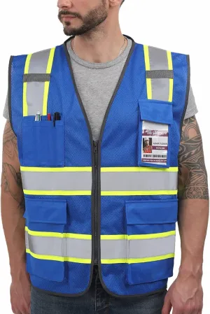 Dib Safety Reflective Mesh Vest High Visibility Two Tone with Pockets and Zipper, Blue Mesh with Yellow Trim XL