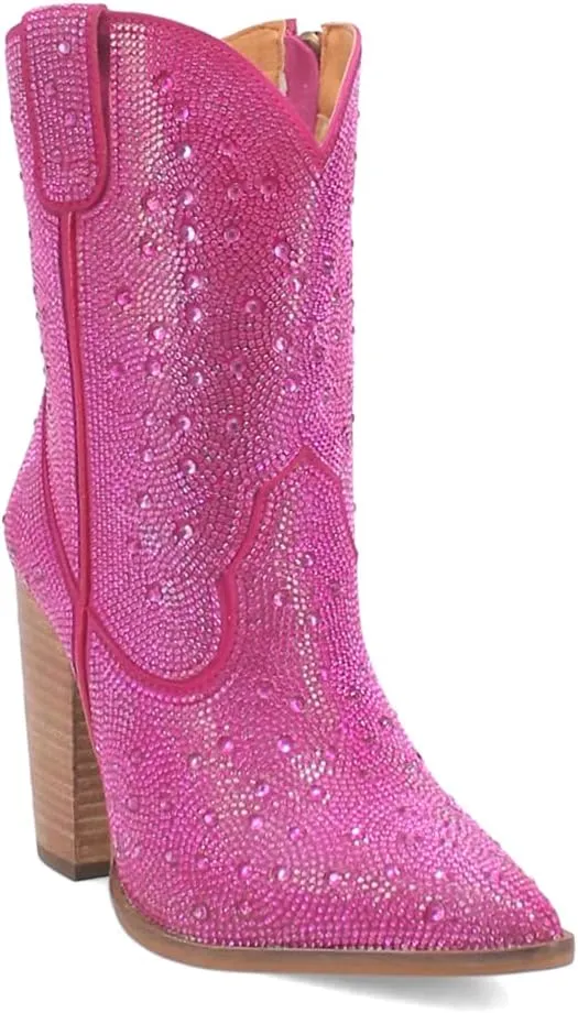 Dingo Womens Neon Moon Rhinestone Pointed Toe Zippered Casual Boots Ankle High Heel 3" & Up - Pink