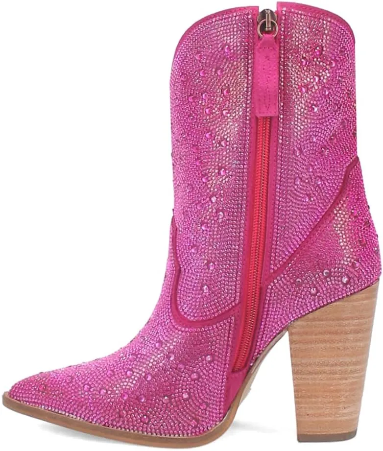 Dingo Womens Neon Moon Rhinestone Pointed Toe Zippered Casual Boots Ankle High Heel 3" & Up - Pink