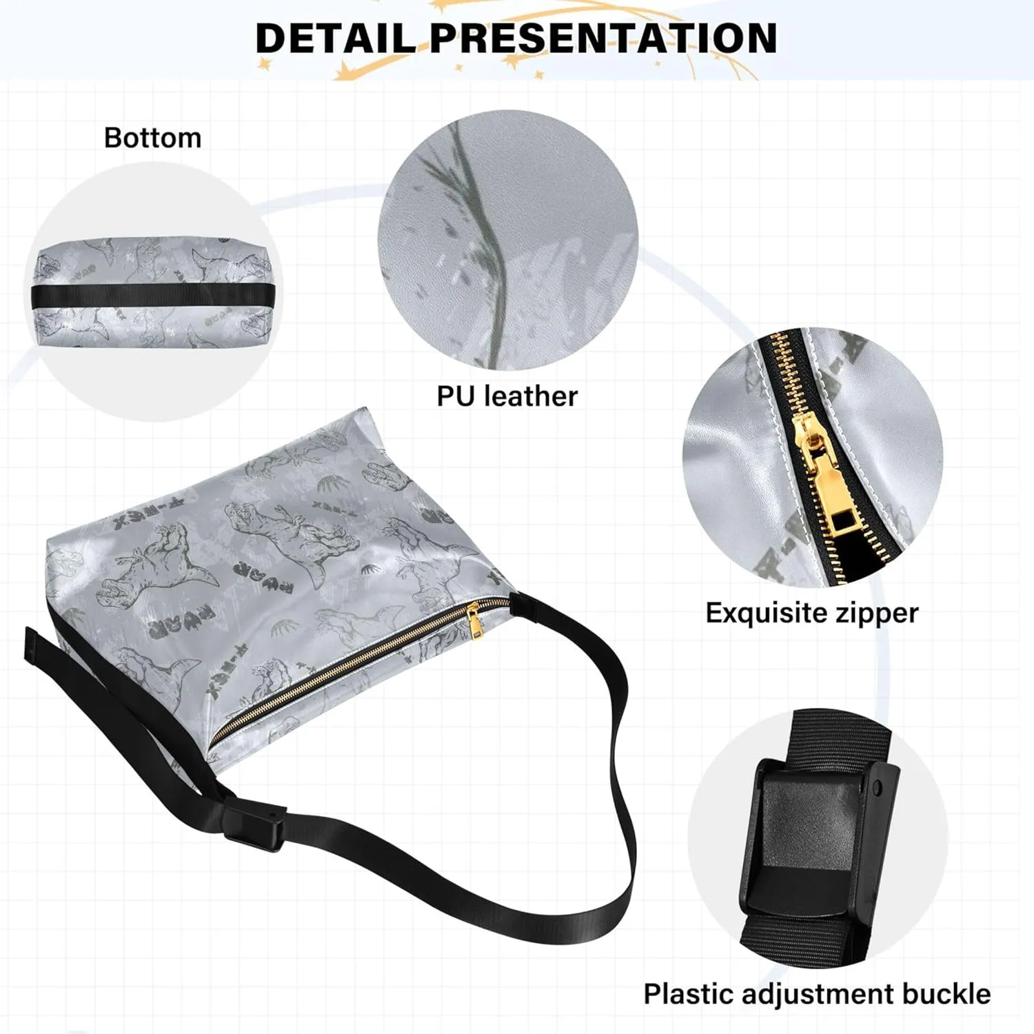 Dino Trex Roar Gray Hobo Women Handbag Leather Large Crossbody Purses Cartoon Animal Print Designer Shoulder Purse