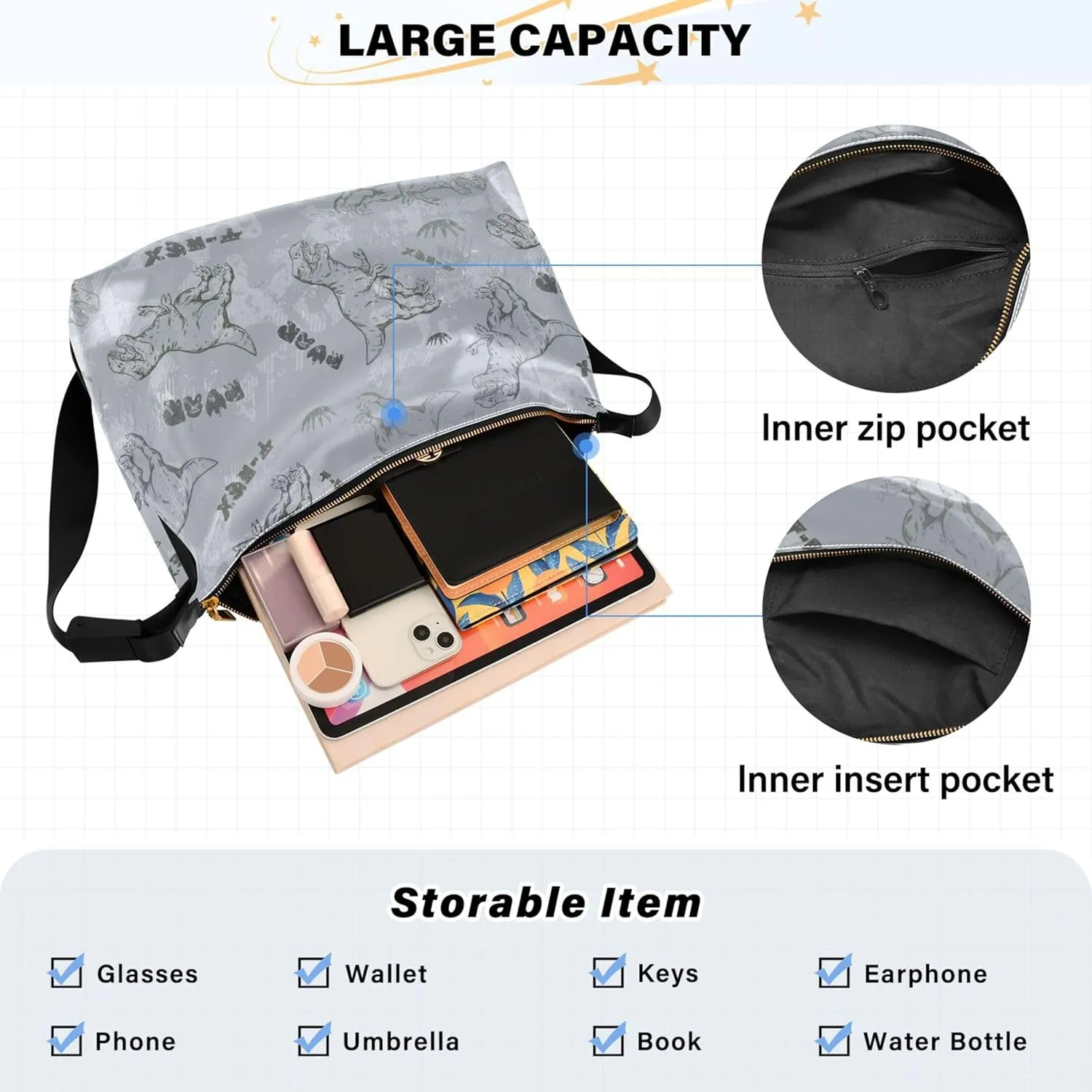 Dino Trex Roar Gray Hobo Women Handbag Leather Large Crossbody Purses Cartoon Animal Print Designer Shoulder Purse