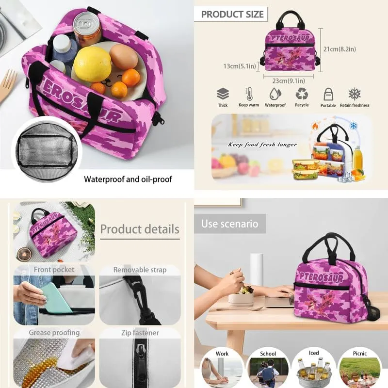 Dinosaur Kids Backpack and Pencil Case Set for Elementary School, Pterosaur Dino 3PCS School Bag Set with Insulated Lunch Box, Pink Camo Bookbag for Teens Kids
