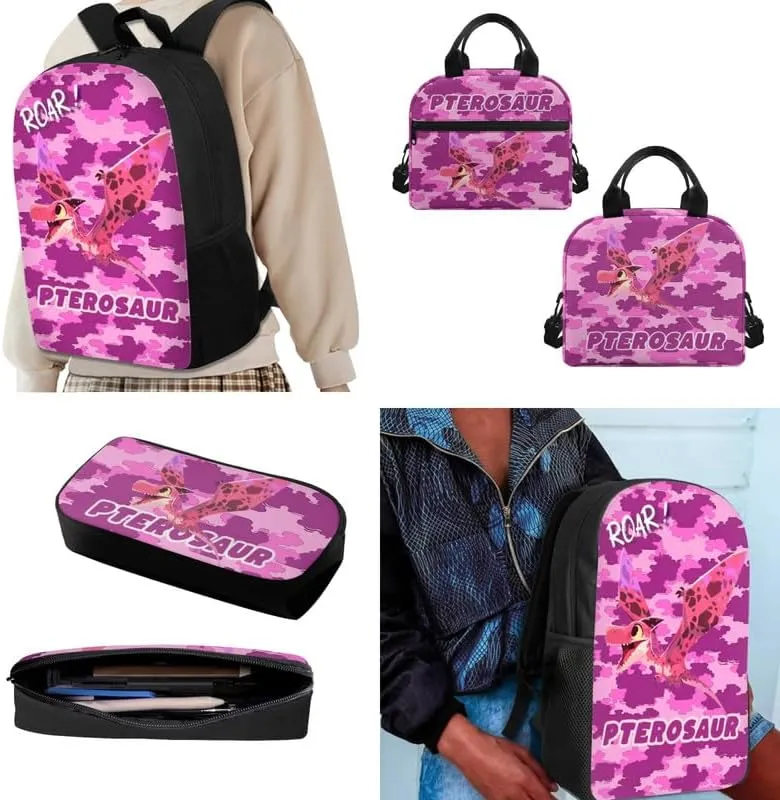 Dinosaur Kids Backpack and Pencil Case Set for Elementary School, Pterosaur Dino 3PCS School Bag Set with Insulated Lunch Box, Pink Camo Bookbag for Teens Kids