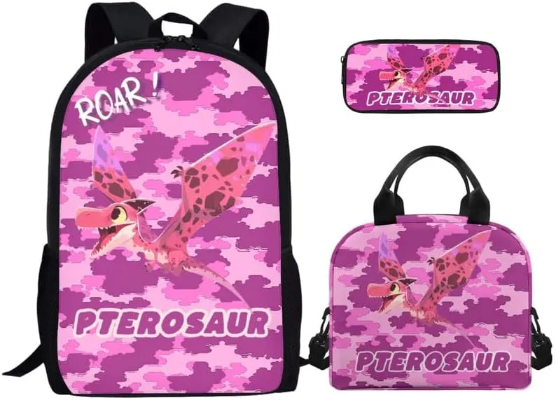 Dinosaur Kids Backpack and Pencil Case Set for Elementary School, Pterosaur Dino 3PCS School Bag Set with Insulated Lunch Box, Pink Camo Bookbag for Teens Kids