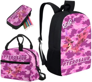 Dinosaur Kids Backpack and Pencil Case Set for Elementary School, Pterosaur Dino 3PCS School Bag Set with Insulated Lunch Box, Pink Camo Bookbag for Teens Kids