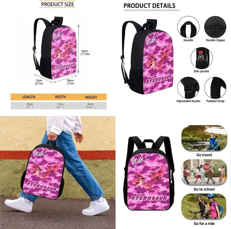 Dinosaur Kids Backpack and Pencil Case Set for Elementary School, Pterosaur Dino 3PCS School Bag Set with Insulated Lunch Box, Pink Camo Bookbag for Teens Kids