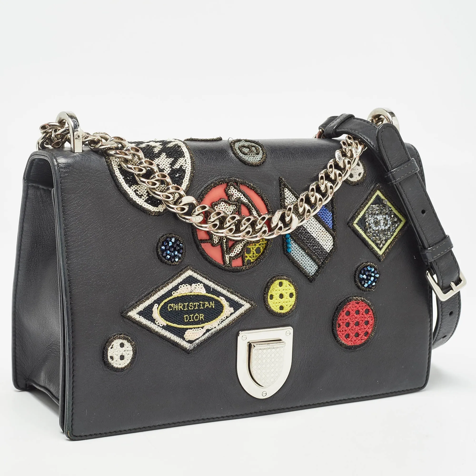 DIOR Black Leather Medium Patch ama Flap Shoulder Bag