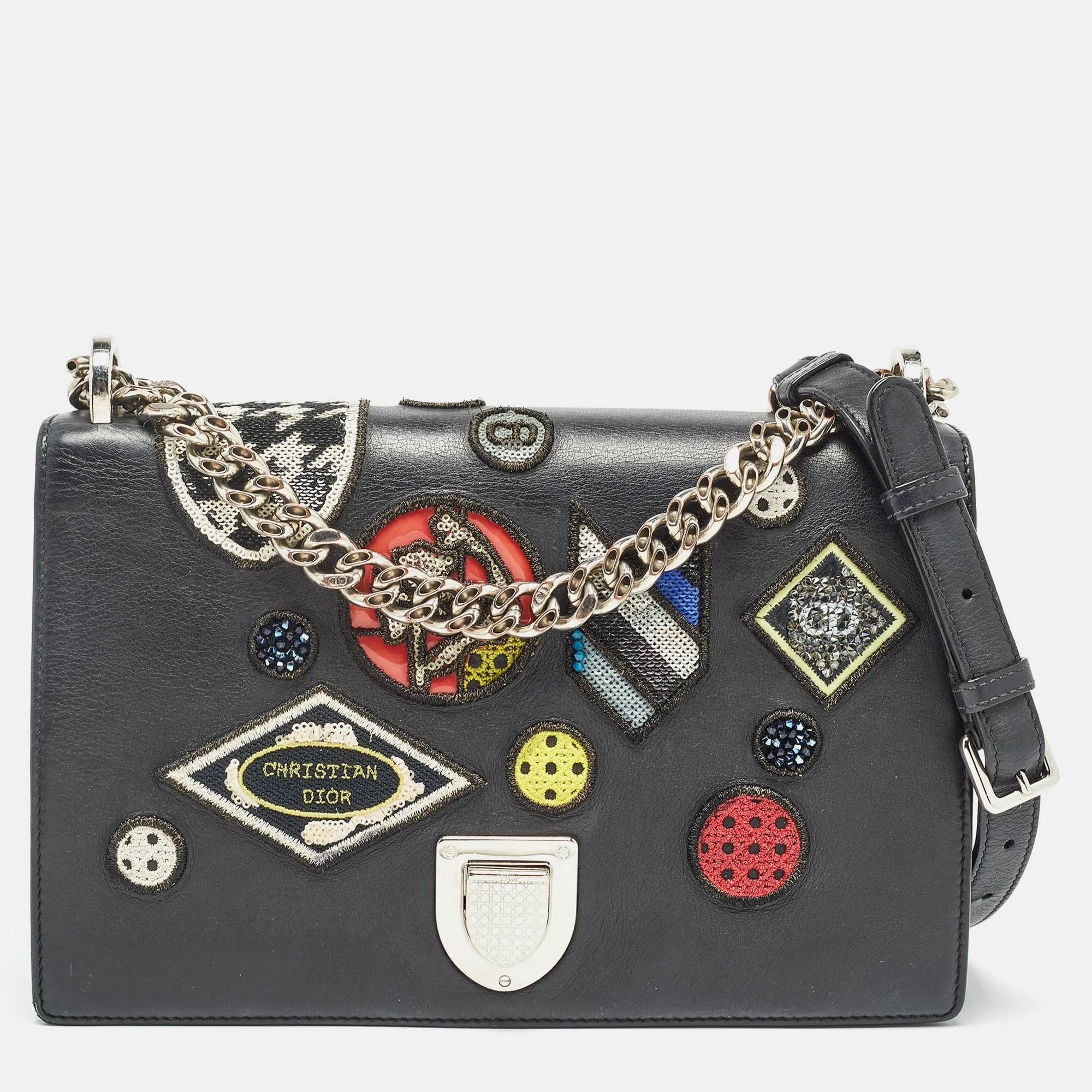 DIOR Black Leather Medium Patch ama Flap Shoulder Bag