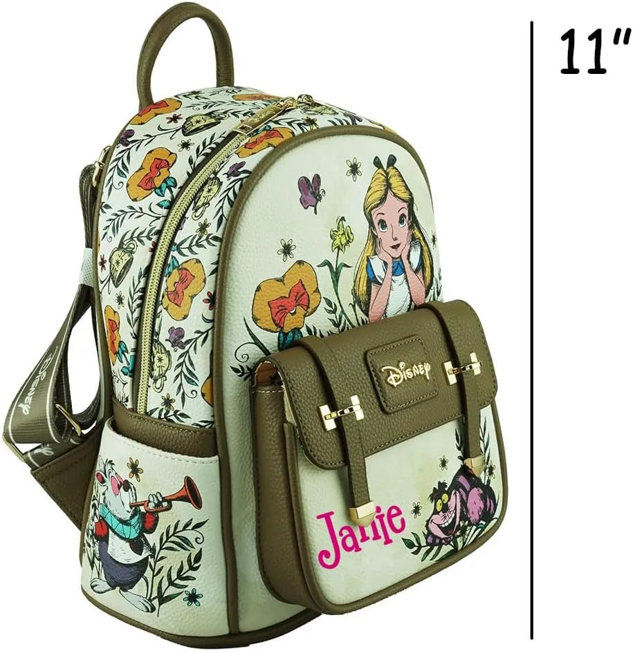 Disney Backpack Personalized Alice in Wonderland Officially Licensed 11 Inch Vegan Leather Double Strap Shoulder Bag with Custom Name