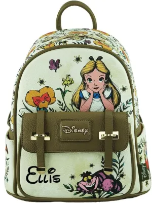 Disney Backpack Personalized Alice in Wonderland Officially Licensed 11 Inch Vegan Leather Double Strap Shoulder Bag with Custom Name