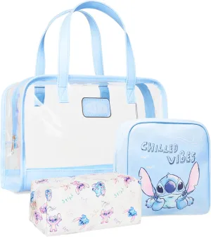 Disney Stitch Toiletry Bag Set for Women Teens Cosmetic Bag with Travel Bottles (Blue Stitch 3 Pcs)