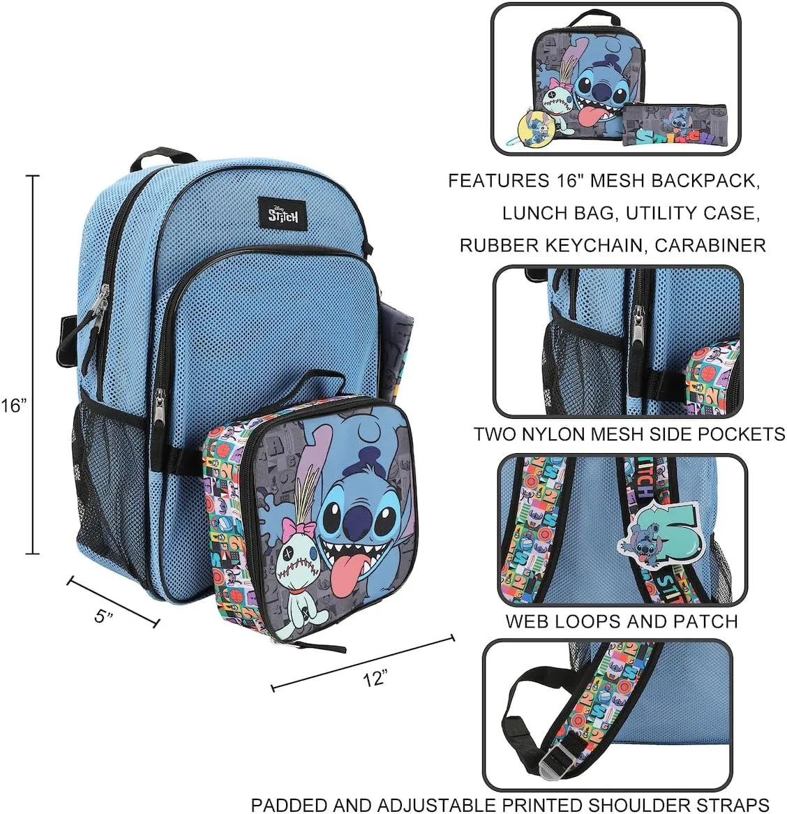 Disney's Stitch 5-Piece Mesh Backpack & Lunchbox Set