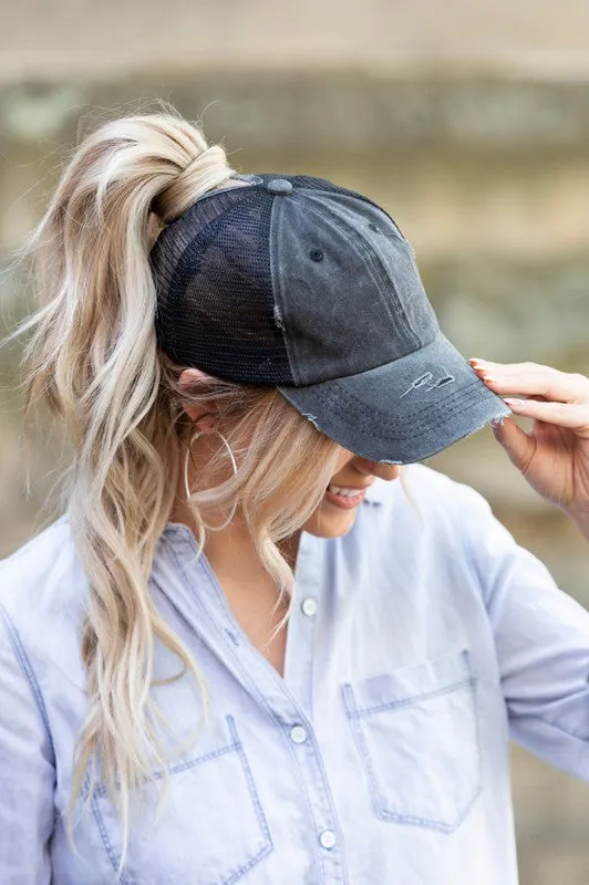 Distressed Denim Cap- Ponytail Denim Cap-Messy bun hat