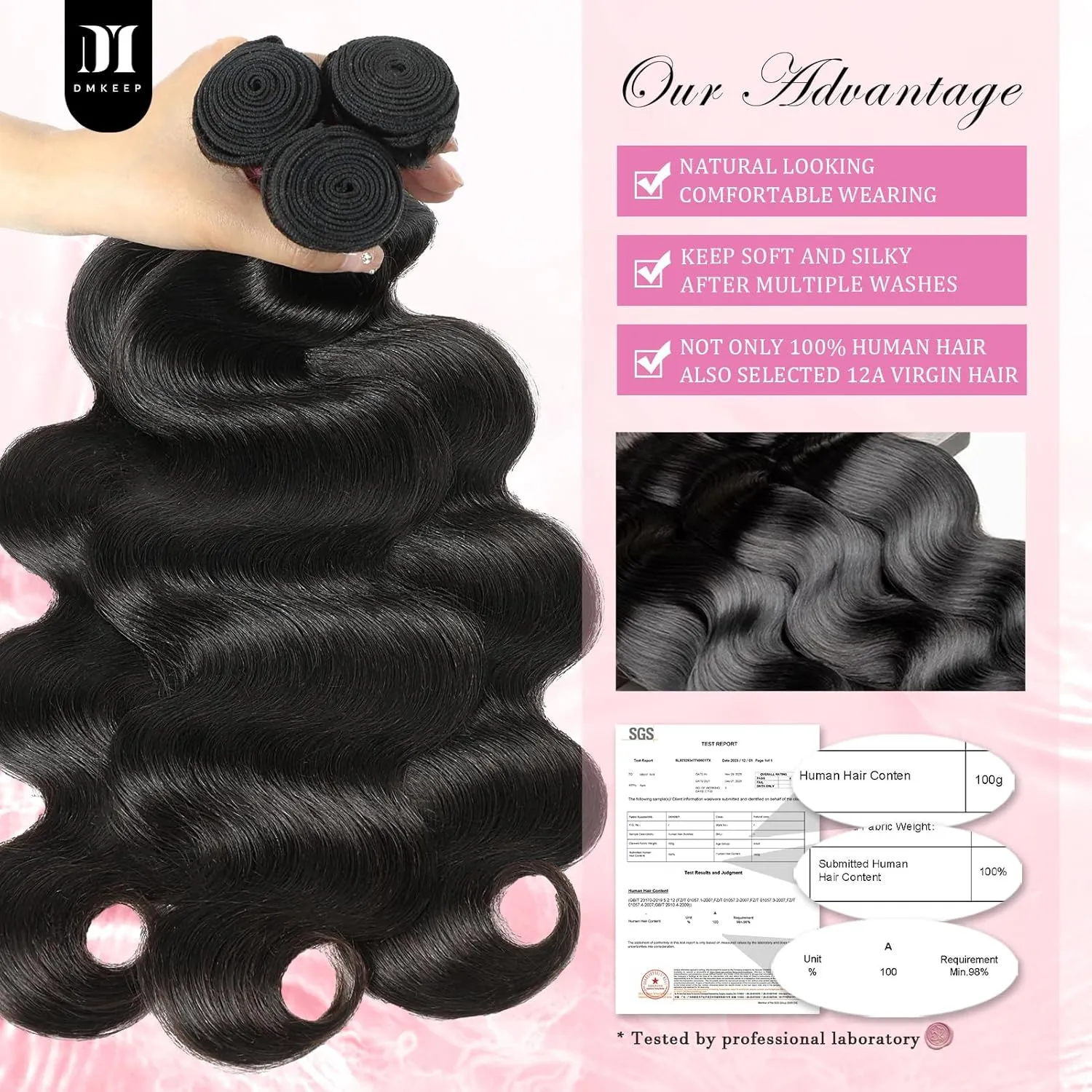 DMKEEP Body Wave Bundles with Closure Human Hair 12 14 16 10 Inch 100% Brazilian Unprocessed Virgin Hair 3 Bundles with 4x4 HD Transparent Lace Closure Free Part Human Hair Extensions Natural Color