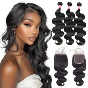 DMKEEP Body Wave Bundles with Closure Human Hair 12 14 16 10 Inch 100% Brazilian Unprocessed Virgin Hair 3 Bundles with 4x4 HD Transparent Lace Closure Free Part Human Hair Extensions Natural Color