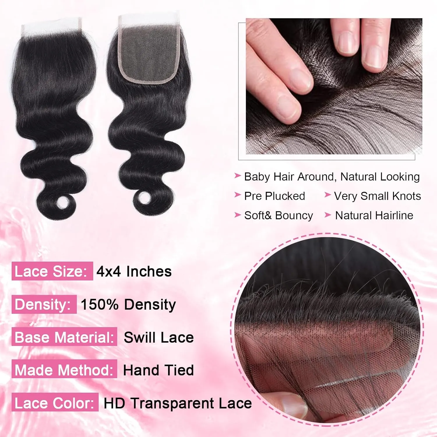 DMKEEP Body Wave Bundles with Closure Human Hair 12 14 16 10 Inch 100% Brazilian Unprocessed Virgin Hair 3 Bundles with 4x4 HD Transparent Lace Closure Free Part Human Hair Extensions Natural Color