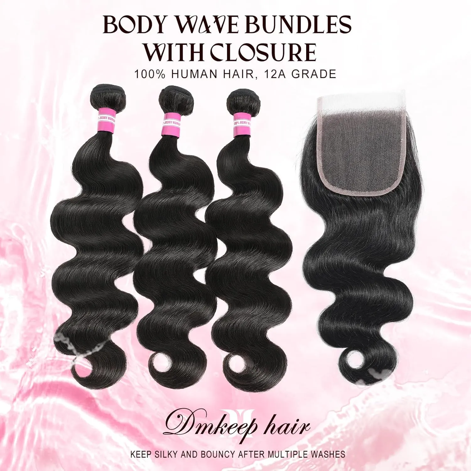 DMKEEP Body Wave Bundles with Closure Human Hair 12 14 16 10 Inch 100% Brazilian Unprocessed Virgin Hair 3 Bundles with 4x4 HD Transparent Lace Closure Free Part Human Hair Extensions Natural Color