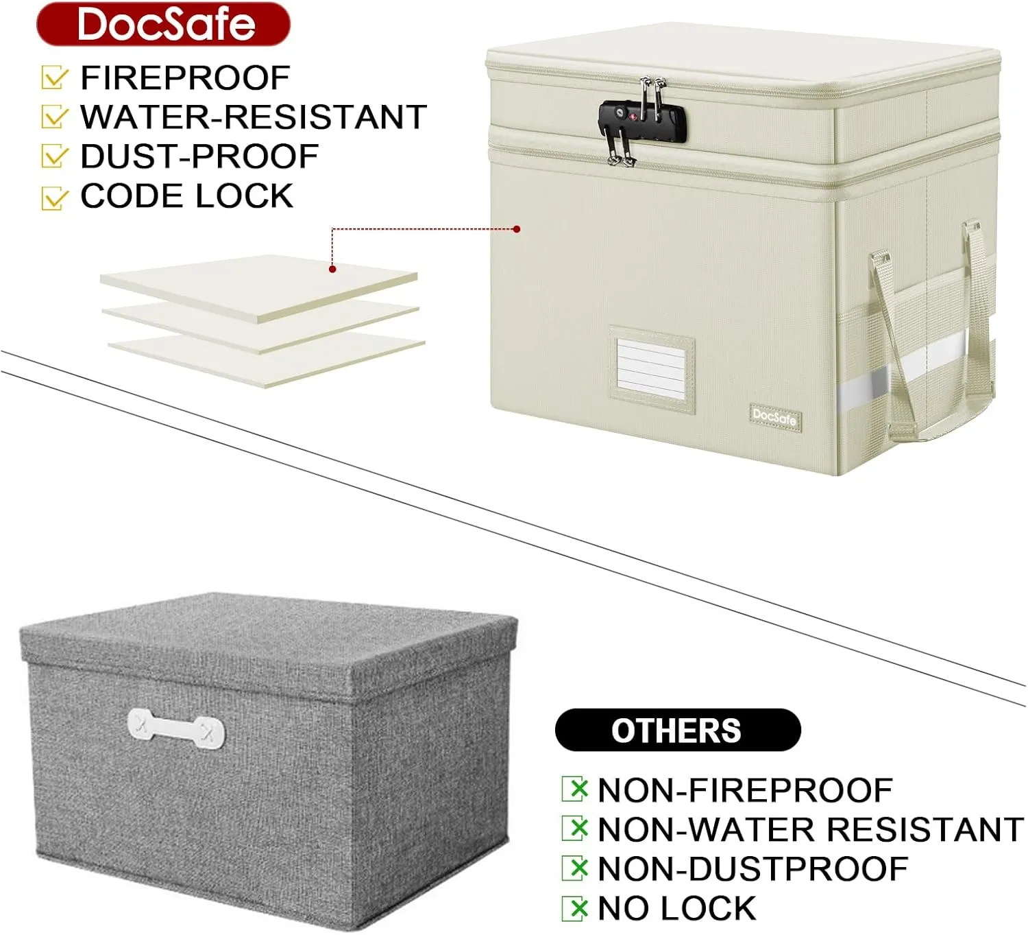 DocSafe File Box with Lock,Multi-Layer Fireproof Document Box Collapsible File Storage Organizer with Pockets/Handle,Large Portable Home Office Filing Box for Hanging Letter/Legal Size Folders,Beige