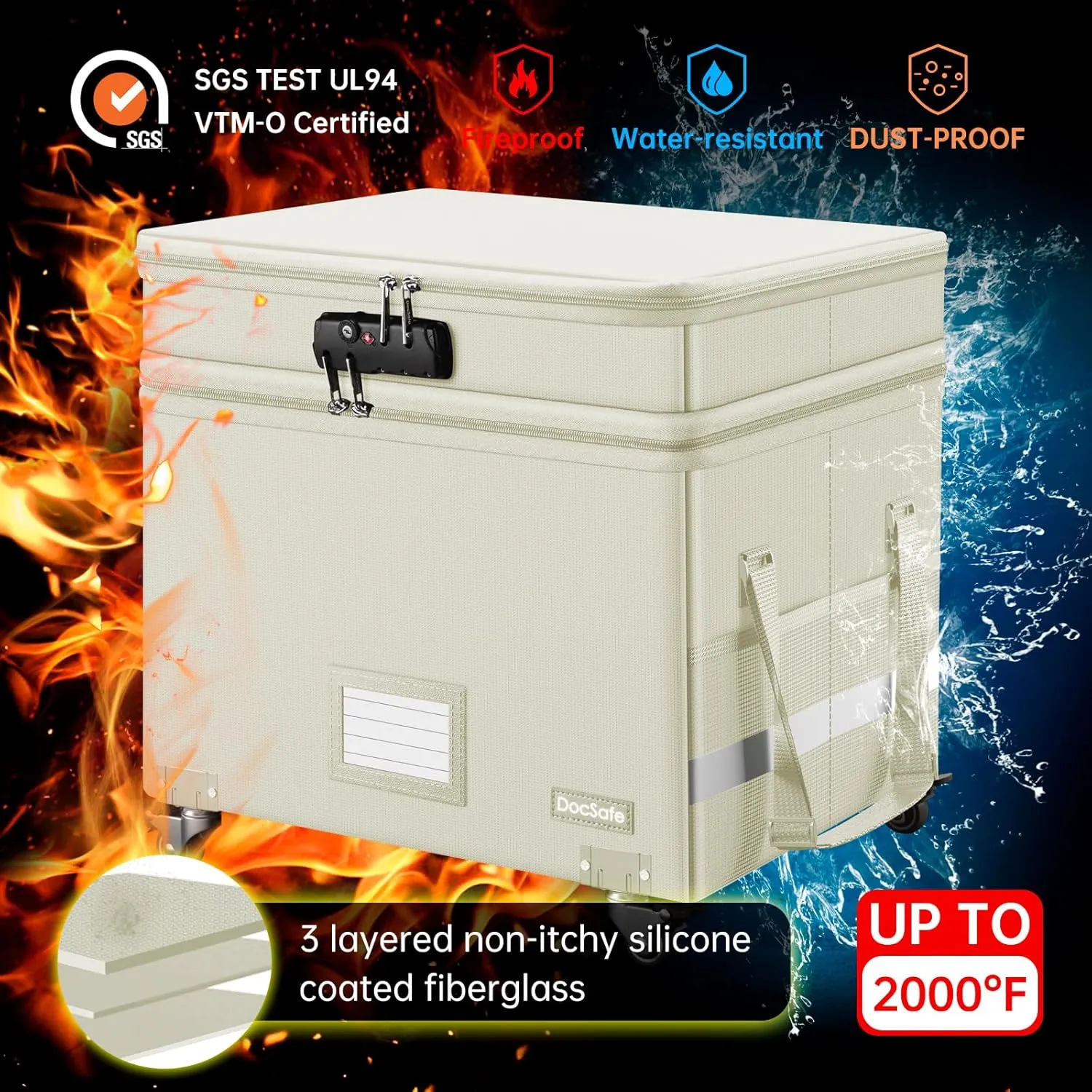 DocSafe Fireproof Document Box with Lock,2-Layer File Box with Wheels,Collapsible File Storage Organizer with Pockets,Large Portable Office Filing Cabinet for Hanging Folders,Beige,16''x13.8''x12.2''