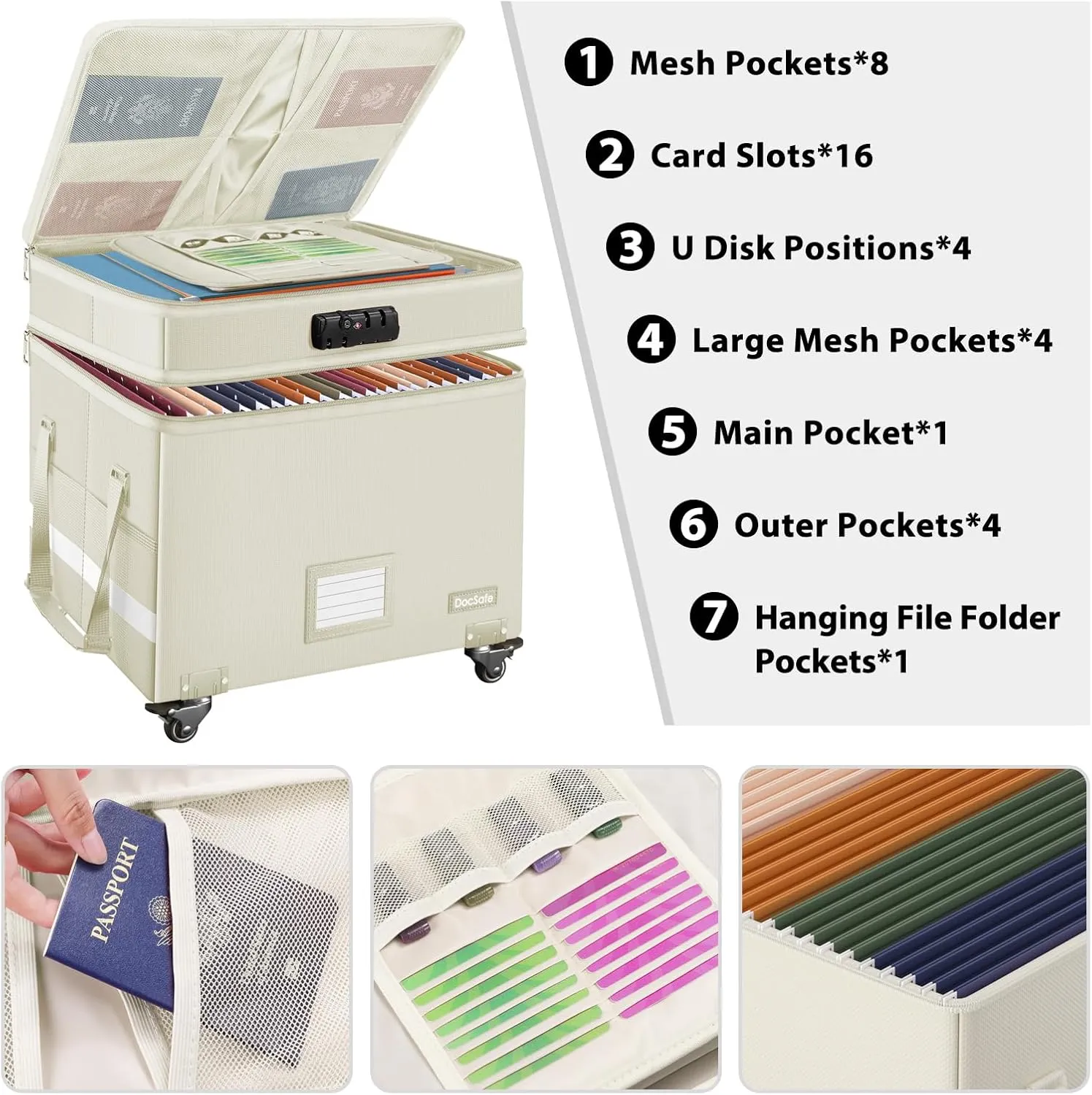 DocSafe Fireproof Document Box with Lock,2-Layer File Box with Wheels,Collapsible File Storage Organizer with Pockets,Large Portable Office Filing Cabinet for Hanging Folders,Beige,16''x13.8''x12.2''