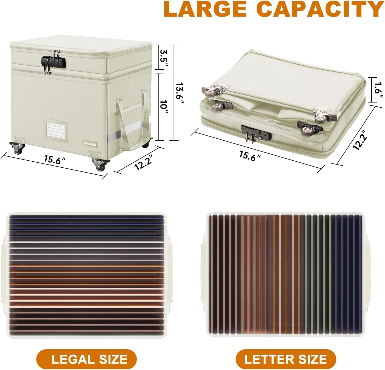 DocSafe Fireproof Document Box with Lock,2-Layer File Box with Wheels,Collapsible File Storage Organizer with Pockets,Large Portable Office Filing Cabinet for Hanging Folders,Beige,16''x13.8''x12.2''