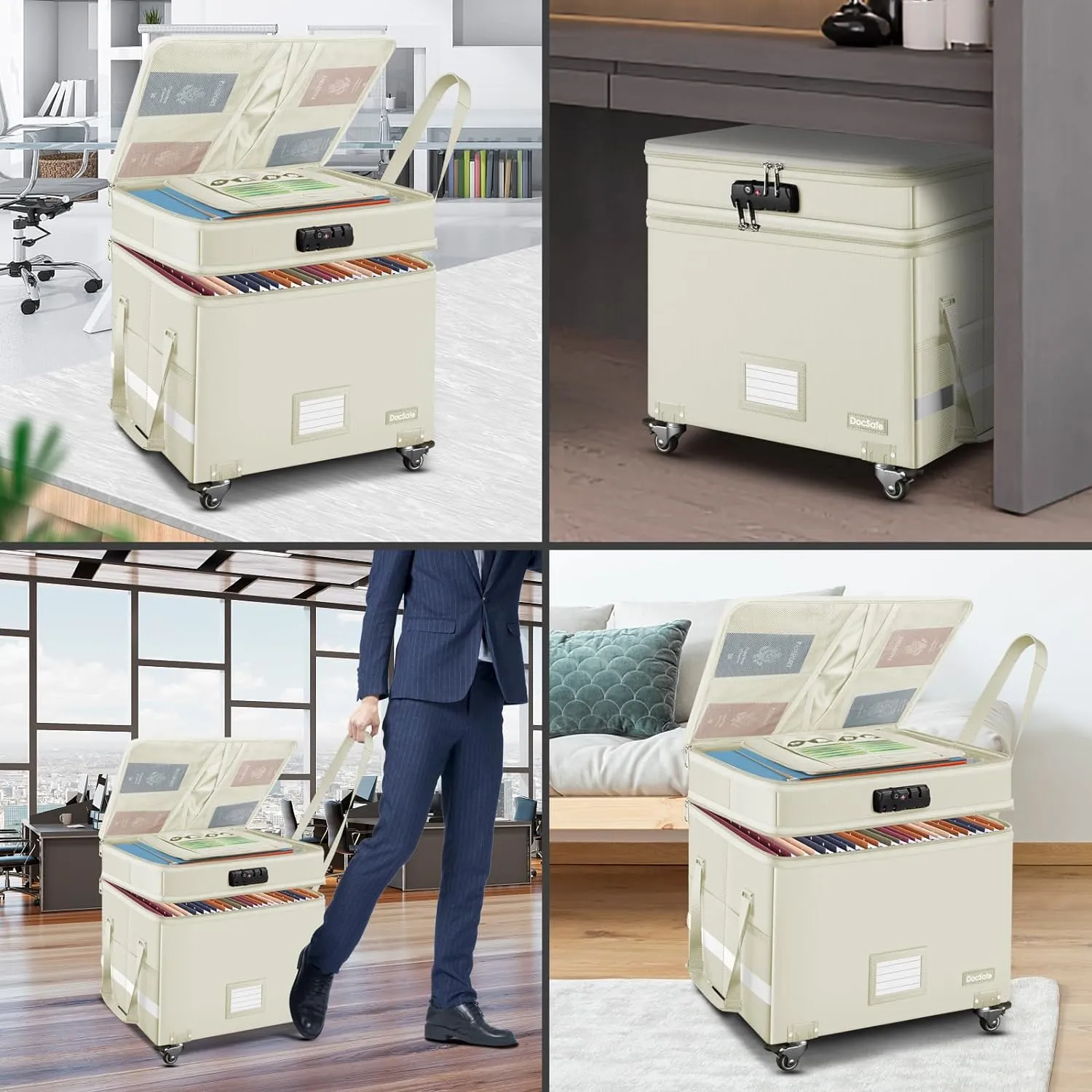 DocSafe Fireproof Document Box with Lock,2-Layer File Box with Wheels,Collapsible File Storage Organizer with Pockets,Large Portable Office Filing Cabinet for Hanging Folders,Beige,16''x13.8''x12.2''