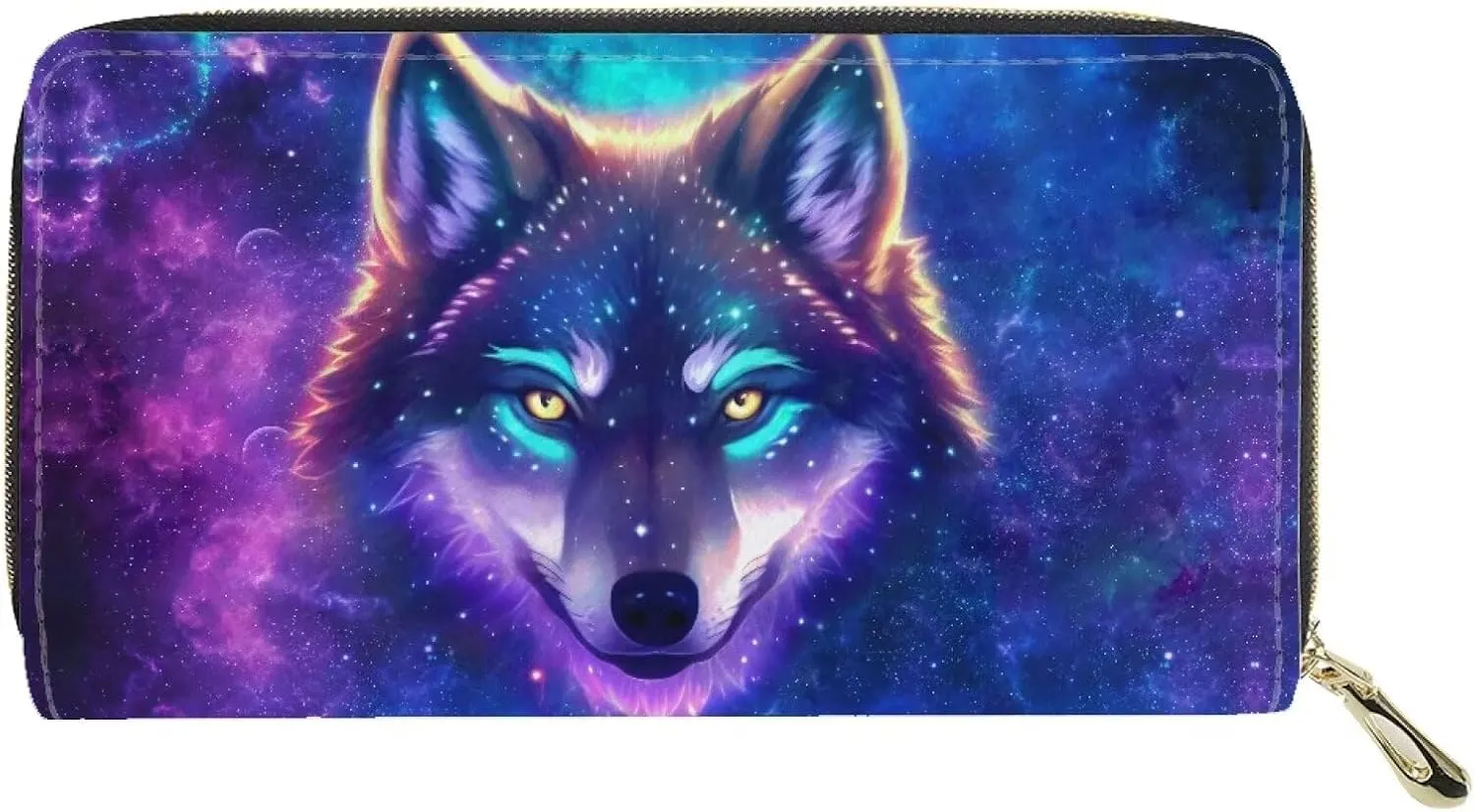 doginthehole Women's Wallet Aesthetic Starry Sky Wolf Design Large Capacity Zip Around Credit Card Holder Leather Ladies Wallet with Coin Purse