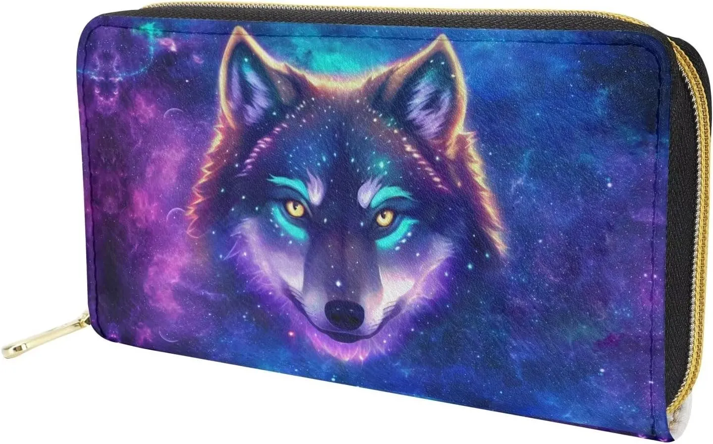 doginthehole Women's Wallet Aesthetic Starry Sky Wolf Design Large Capacity Zip Around Credit Card Holder Leather Ladies Wallet with Coin Purse