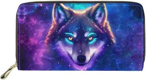 doginthehole Women's Wallet Aesthetic Starry Sky Wolf Design Large Capacity Zip Around Credit Card Holder Leather Ladies Wallet with Coin Purse