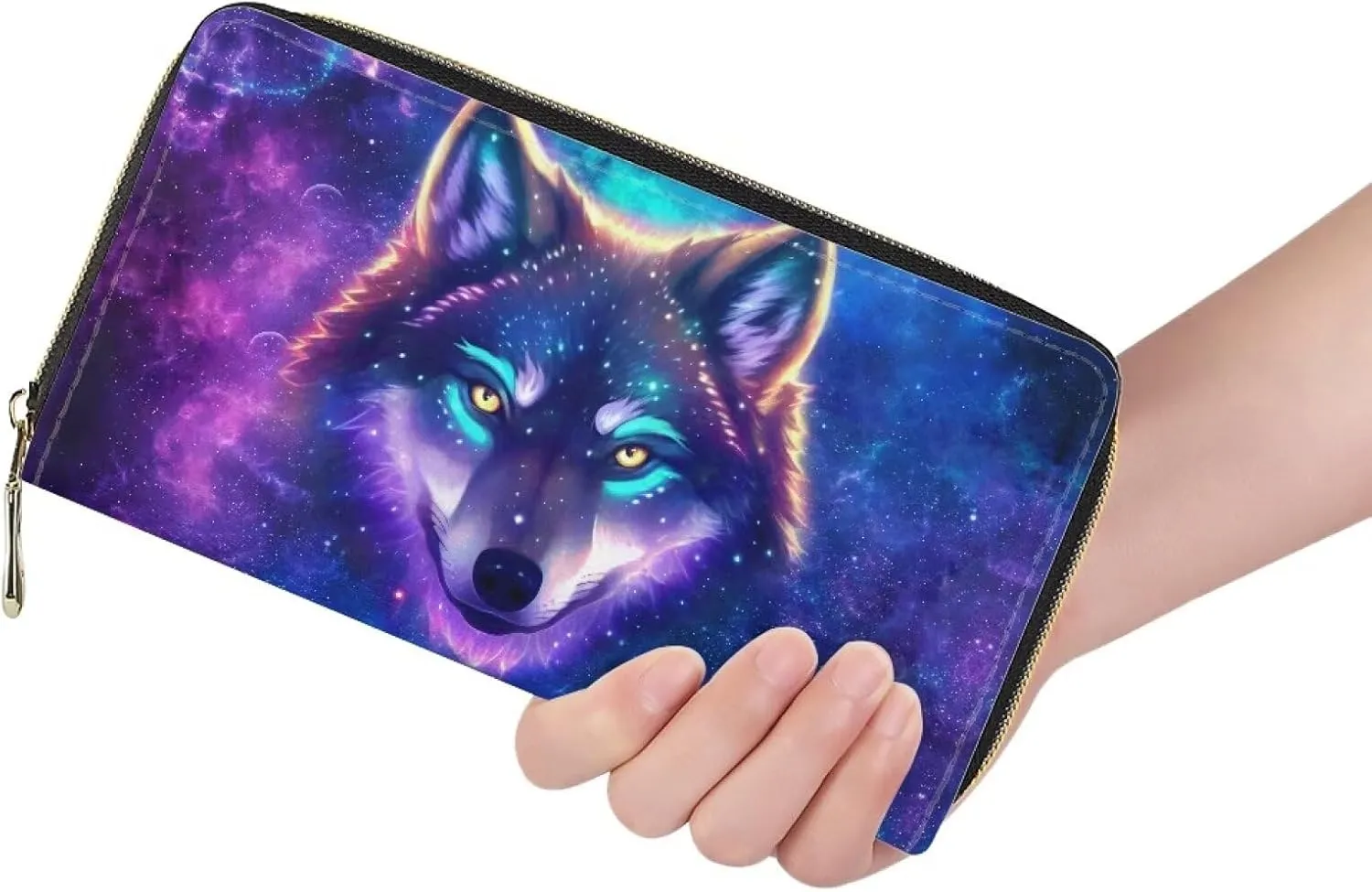 doginthehole Women's Wallet Aesthetic Starry Sky Wolf Design Large Capacity Zip Around Credit Card Holder Leather Ladies Wallet with Coin Purse