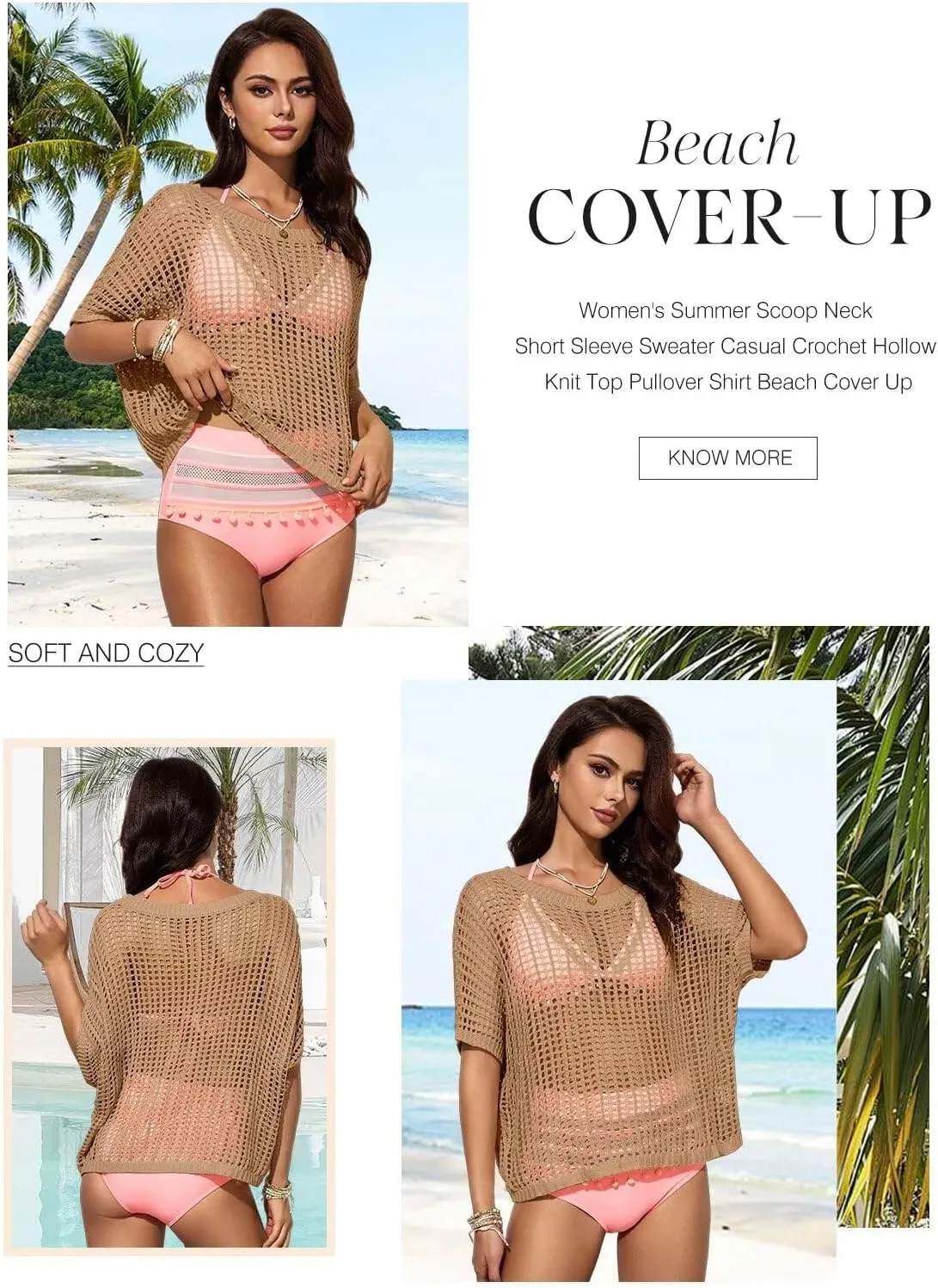 Dokotoo Womens Summer Scoop Neck Short Sleeve Sweater Casual Crochet Hollow Out Knit Tops Pullover Shirts Beach Coverup